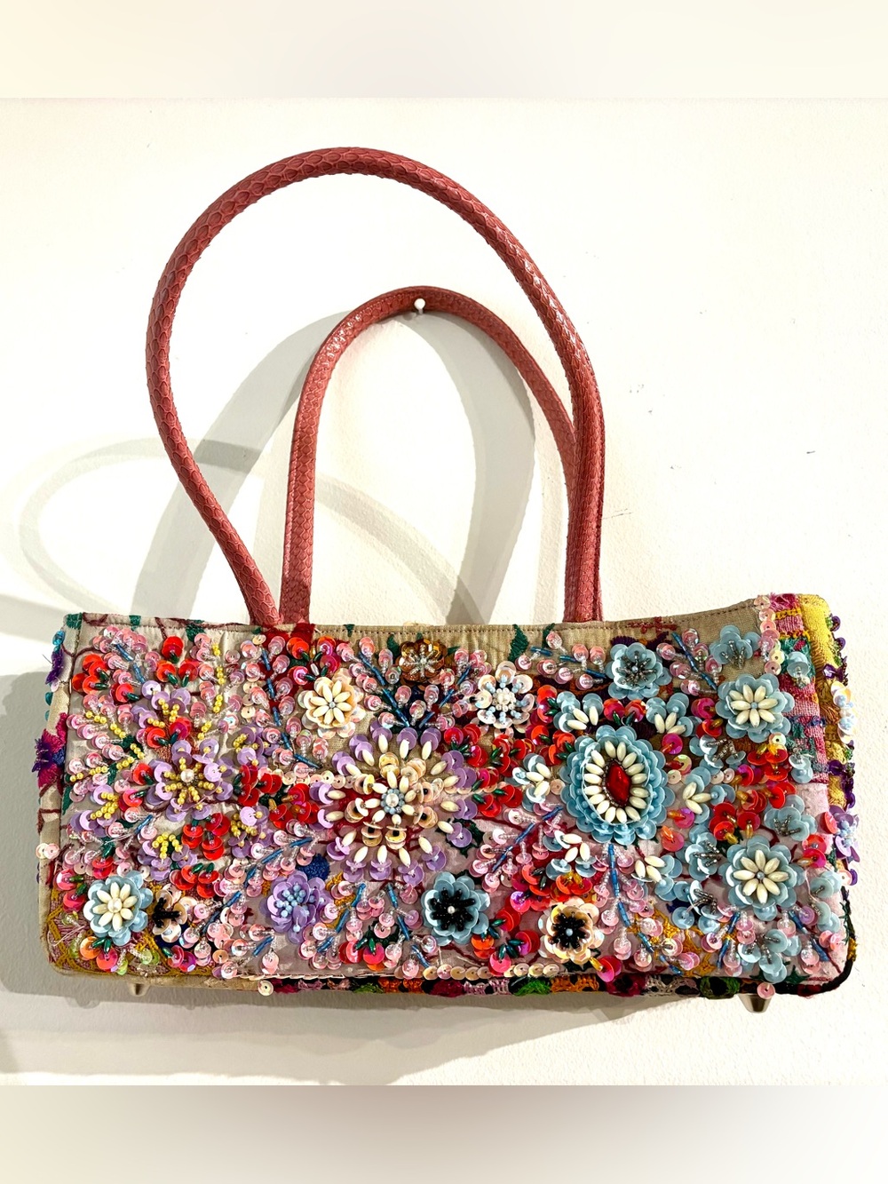 Laura Lee Designs Hand Sewn Floral Sequin Snakeskin Leather Tote Bag